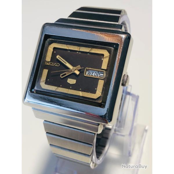 Montre Vintage Seiko 5 Automatique Cal. 6309-5030, Bo�tier Carr� R�tro, Cadran Noir et Or, 1989