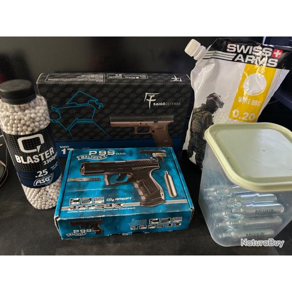 Grand Lot Airsoft - Walther P99 DAO + Saigo 17 (Glock) + Billes + CO2 - mise en main propre