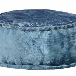 Pouf rond velours bleu 40x20 cm repose pieds doux confortable