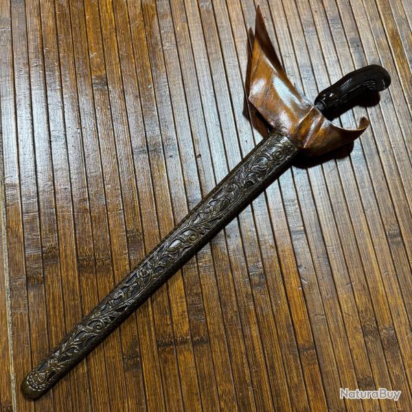 Superbe Dague Kriss Indon�sien (Keris) - Lame Ondul�e Grav�e Naga (Serpent) & Fourreau Repouss�