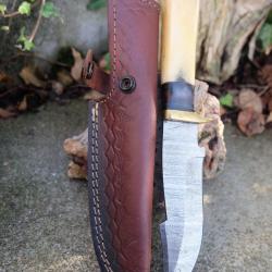 Couteau Poignard Lame Acier Damas 256 Couches Manche Os/Bois Garde Laiton Etui Cuir Fabr ArtisanaleB
