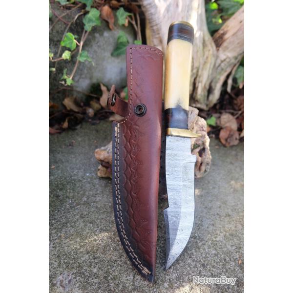 Couteau Poignard Lame Acier Damas 256 Couches Manche Os/Bois Garde Laiton Etui Cuir Fabr ArtisanaleB