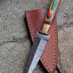 Couteau Dague Scottish Dirk Lame Acier Damas 256 Couches Manche Bois Automne Etui Cuir F Artisanale