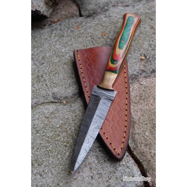 Couteau Dague Scottish Dirk Lame Acier Damas 256 Couches Manche Bois Automne Etui Cuir F Artisanale