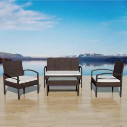 Salon 4 pi&egrave;ces avec coussins marron en r&eacute;sine tress&eacute;e, pour le jardin