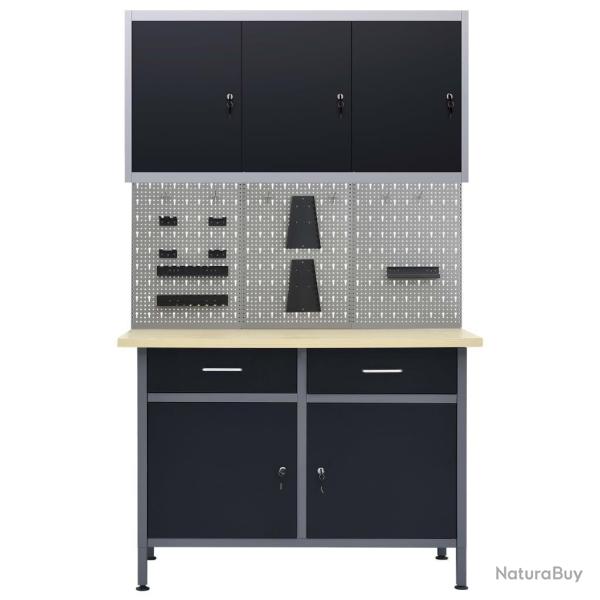 Etabli 120 cm et 3 panneaux muraux et 1 armoire table de travail atelier gris noir 02_0003664
