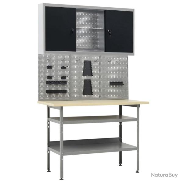 Etabli 120 cm avec 3 panneaux muraux et 1 armoire atelier table de travail gris noir 02_0003659
