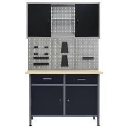 Etabli 120 cm avec 3 panneaux muraux et 1 armoire atelier table de travail gris noir 02_0003661