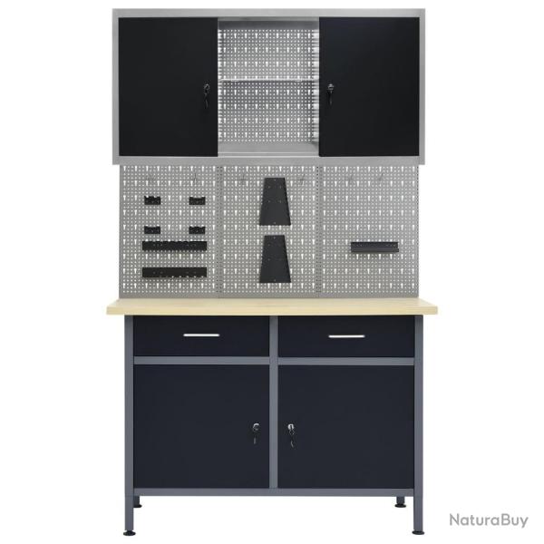Etabli 120 cm avec 3 panneaux muraux et 1 armoire atelier table de travail gris noir 02_0003661