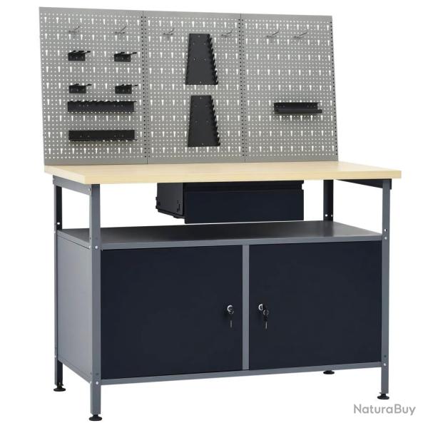 Etabli 120 cm avec 3 panneaux muraux et 1 armoire atelier table de travail gris noir 02_0003657