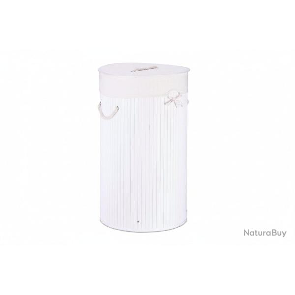 Panier corbeille � linge pliable pliant avec sac coton 80 litres bambou rond blanc 13_0001906_3