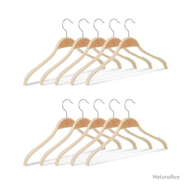 Lot de 10 cintres en bois chemise costume antid�rapant encoche gomme crochet 360 nature naturel 13_
