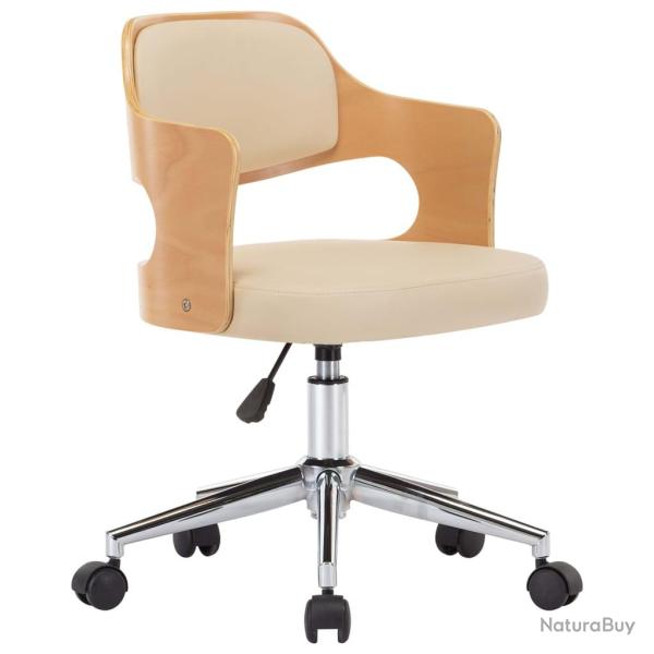 Chaise fauteuil si�ge pivotante de bureau informatique �tude bois courb� et similicuir cr�me 02_002