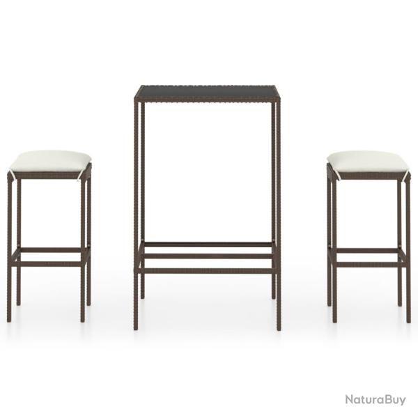 Meuble de bar de jardin 3 pi�ces et coussins r�sine tress�e marron 02_0014499