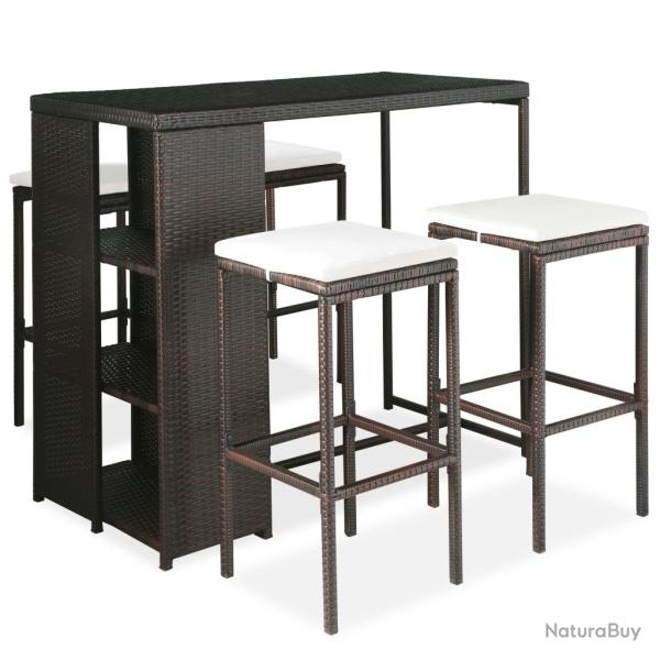 Meuble de bar de jardin 5 pi�ces et coussins r�sine tress�e marron 02_0014503