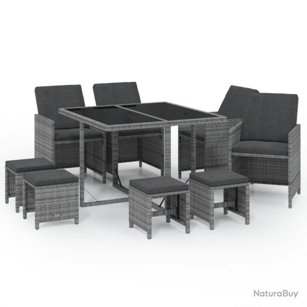 Mobilier � d�ner salon de jardin et coussins 9 pi�ces r�sine tress�e gris 02_0014916