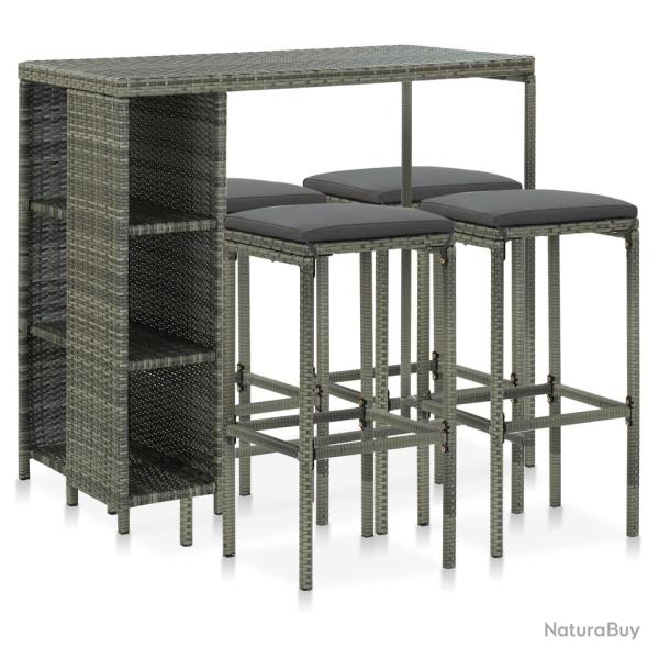 Meuble de bar de jardin 5 pi�ces et coussins r�sine tress�e gris 02_0014502