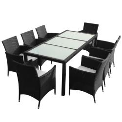 Mobilier &agrave; d&icirc;ner salon de jardin 9 pi&egrave;ces et coussins r&eacute;sine tress&eacute;e noir 02_0014845