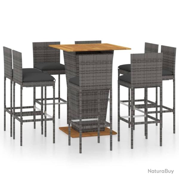 Ensemble de bar de jardin 9 pi�ces et coussins r�sine tress�e gris 02_0013448