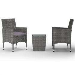 Ensemble de bistro jardin meuble ext&eacute;rieur terrasse 3 pi&egrave;ces r&eacute;sine tress&eacute;e et verre tremp&eacute; gris 02