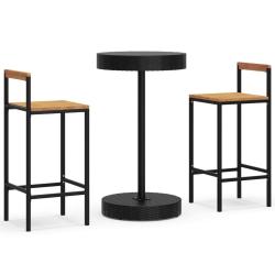 Ensemble de bar de jardin meuble ext&eacute;rieur terrasse 3 pi&egrave;ces noir poly rotin/bois massif acacia 02_