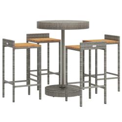 Ensemble de bar de jardin meuble ext&eacute;rieur terrasse 5 pi&egrave;ces gris poly rotin/bois massif acacia 02_