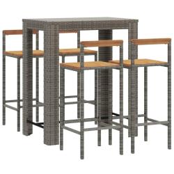 Ensemble de bar de jardin meuble ext&eacute;rieur terrasse 5 pi&egrave;ces gris poly rotin/bois massif acacia 02_