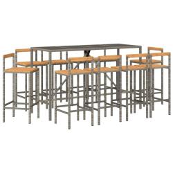 Ensemble de bar de jardin meuble ext&eacute;rieur terrasse 11 pi&egrave;ces gris poly rotin/bois massif acacia 02
