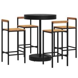 Ensemble de bar de jardin meuble ext&eacute;rieur terrasse 5 pi&egrave;ces noir poly rotin/bois massif acacia 02_