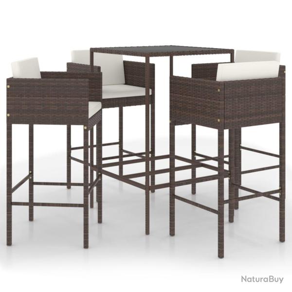 Ensemble bar de jardin 5 pi�ces et coussins r�sine tress�e marron 02_0013348
