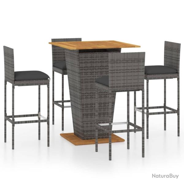 Ensemble de bar de jardin 5 pi�ces et coussins r�sine tress�e gris 02_0013403