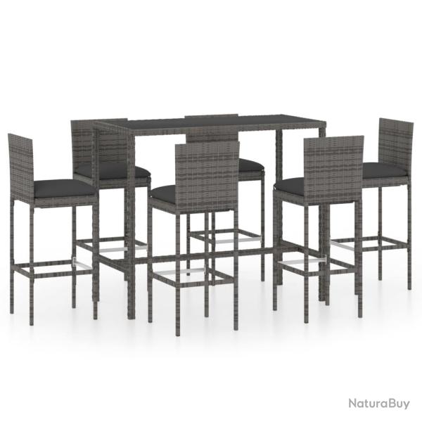 Ensemble de bar de jardin 7 pi�ces et coussins r�sine tress�e gris 02_0013430