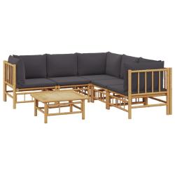 Salon de jardin meuble d'ext&eacute;rieur ensemble de mobilier 6 pi&egrave;ces avec coussins gris fonc&eacute; bambou 02
