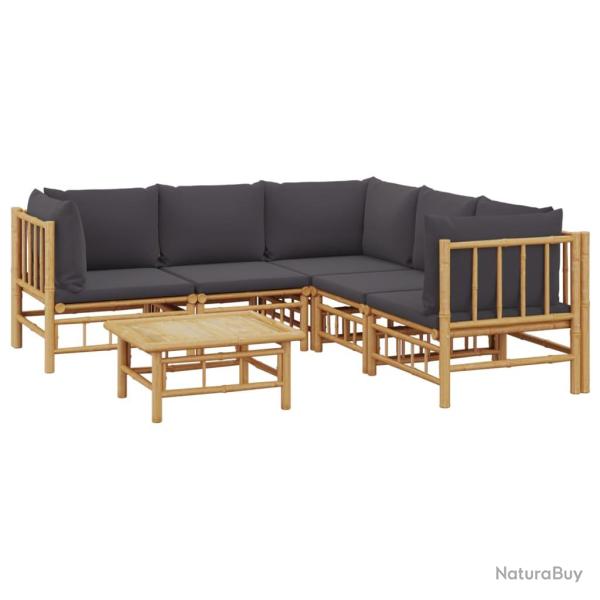 Salon de jardin meuble d'ext�rieur ensemble de mobilier 6 pi�ces avec coussins gris fonc� bambou 02