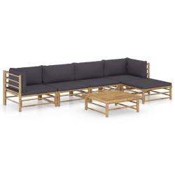 Salon de jardin meuble d'ext&eacute;rieur ensemble de mobilier 6 pi&egrave;ces avec coussins gris fonc&eacute; bambou 02