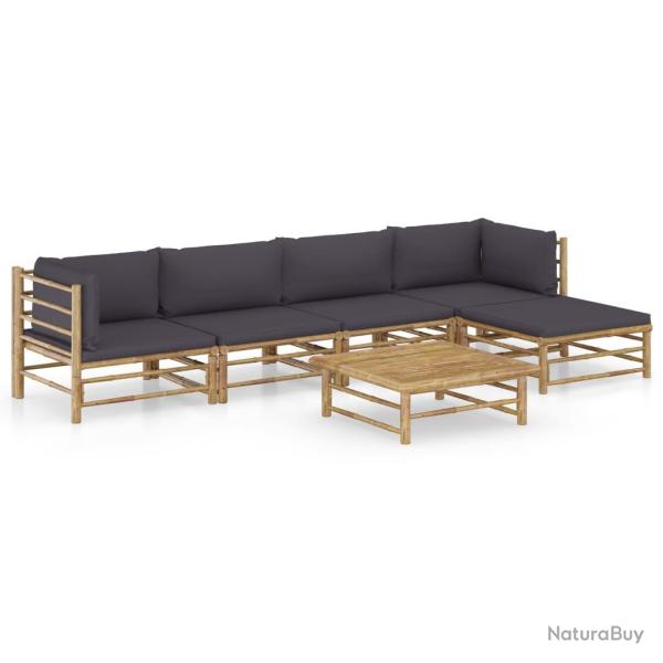 Salon de jardin meuble d'ext�rieur ensemble de mobilier 6 pi�ces avec coussins gris fonc� bambou 02
