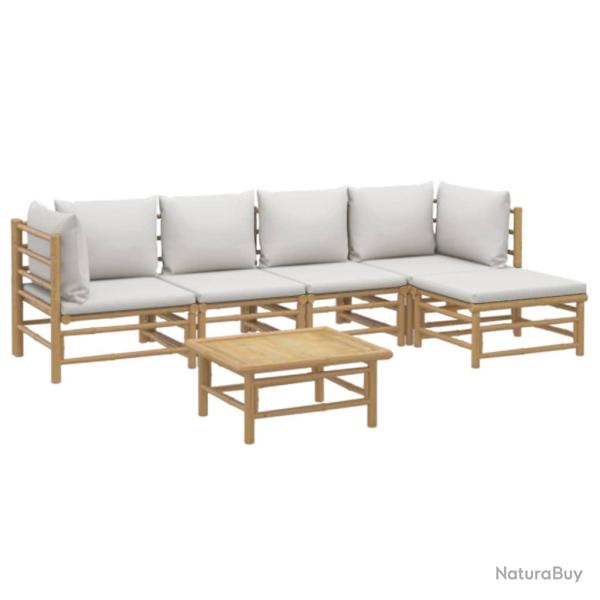 Salon de jardin meuble d'ext�rieur ensemble de mobilier 6 pi�ces avec coussins gris clair bambou 02