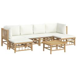 Salon de jardin meuble d'ext&eacute;rieur ensemble de mobilier 7 pi&egrave;ces avec coussins blanc cr&egrave;me bambou 0
