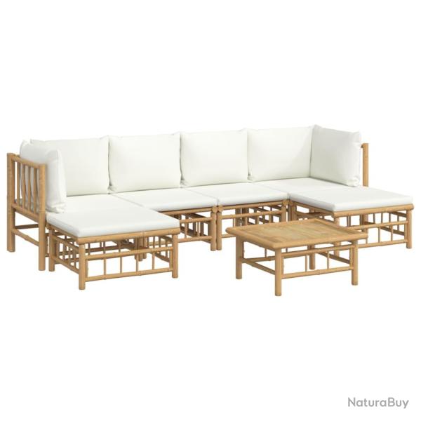 Salon de jardin meuble d'ext�rieur ensemble de mobilier 7 pi�ces avec coussins blanc cr�me bambou 0