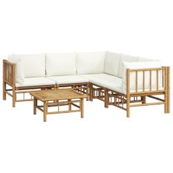 Salon de jardin meuble d'ext&eacute;rieur ensemble de mobilier 6 pi&egrave;ces avec coussins blanc cr&egrave;me bambou 0