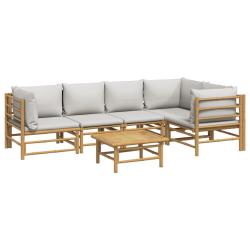 Salon de jardin meuble d'ext&eacute;rieur ensemble de mobilier 6 pi&egrave;ces avec coussins gris clair bambou 02