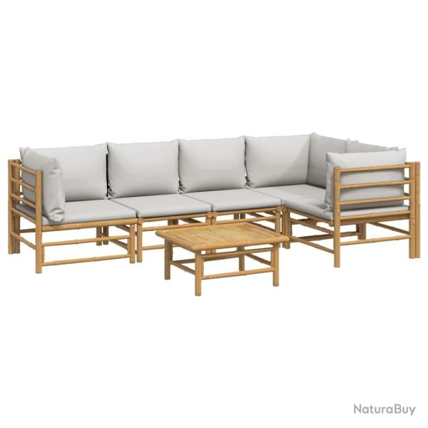 Salon de jardin meuble d'ext�rieur ensemble de mobilier 6 pi�ces avec coussins gris clair bambou 02