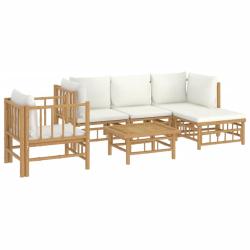Salon de jardin meuble d'ext&eacute;rieur ensemble de mobilier 6 pi&egrave;ces avec coussins blanc cr&egrave;me bambou 0