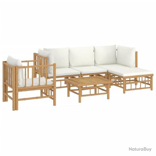 Salon de jardin meuble d'ext�rieur ensemble de mobilier 6 pi�ces avec coussins blanc cr�me bambou 0