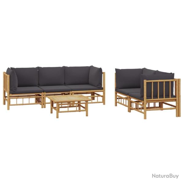 Salon de jardin meuble d'ext�rieur ensemble de mobilier 6 pi�ces avec coussins gris fonc� bambou 02