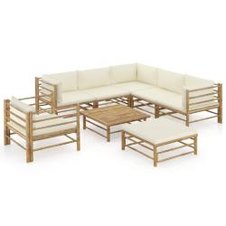 Salon de jardin meuble d'ext&eacute;rieur ensemble de mobilier 8 pi&egrave;ces avec coussins blanc cr&egrave;me bambou 0