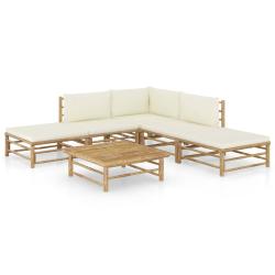 Salon de jardin meuble d'ext&eacute;rieur ensemble de mobilier 6 pi&egrave;ces avec coussins blanc cr&egrave;me bambou 0