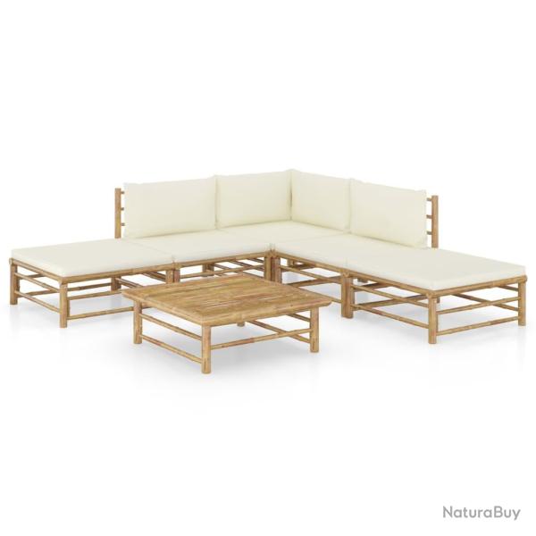 Salon de jardin meuble d'ext�rieur ensemble de mobilier 6 pi�ces avec coussins blanc cr�me bambou 0