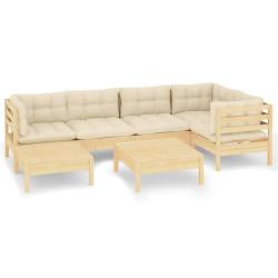 Salon de jardin meuble d'ext&eacute;rieur ensemble de mobilier 7 pi&egrave;ces avec coussins cr&egrave;me bois de pin ma