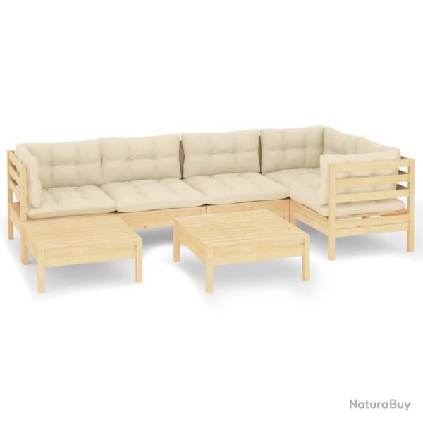 Salon de jardin meuble d'ext�rieur ensemble de mobilier 7 pi�ces avec coussins cr�me bois de pin ma